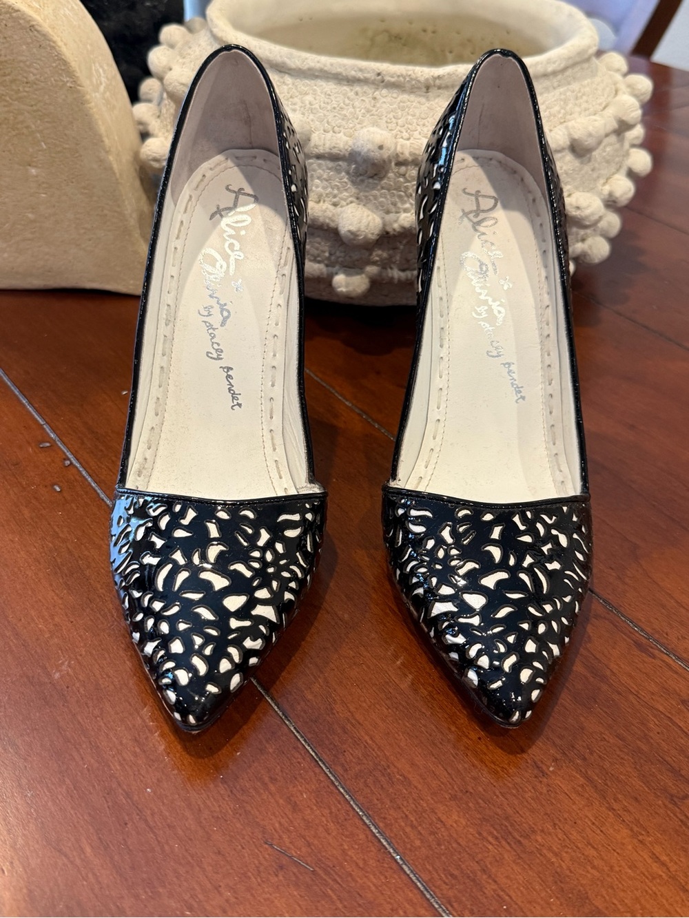 Alice + Olivia Black and White Laser-Cut Pointed Toe Pumps